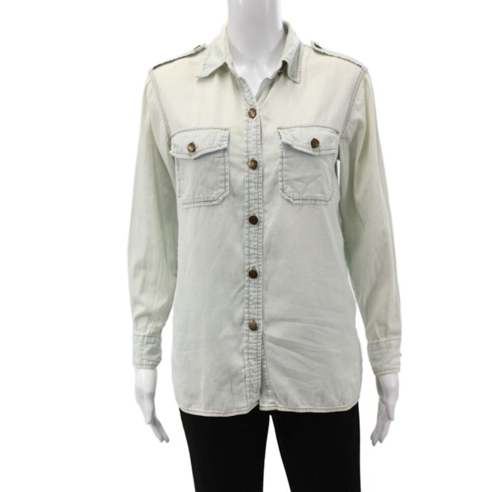 Current/Elliott Womens Light Blue Cotton Long Sleeve Button-Up Top Size 1